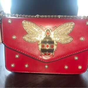 Red Designer Bee Gold Pearl one of a kind Embellished Bag - gold chain